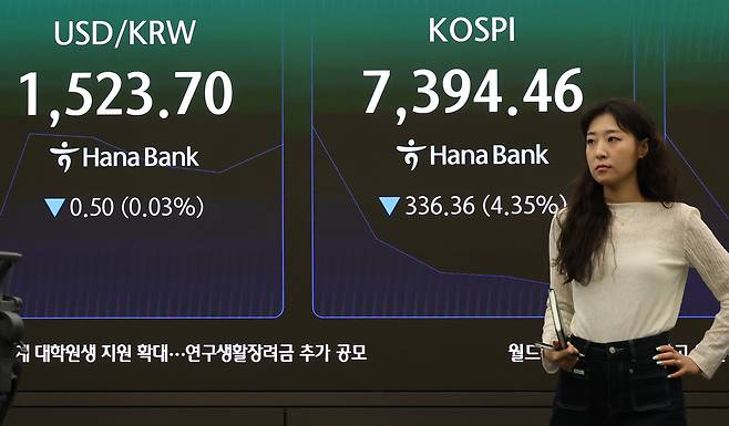 11일 오전 서울 중구 하나은행 본점 딜링룸에서 직원들이 업무를 보고 있다. 연합뉴스