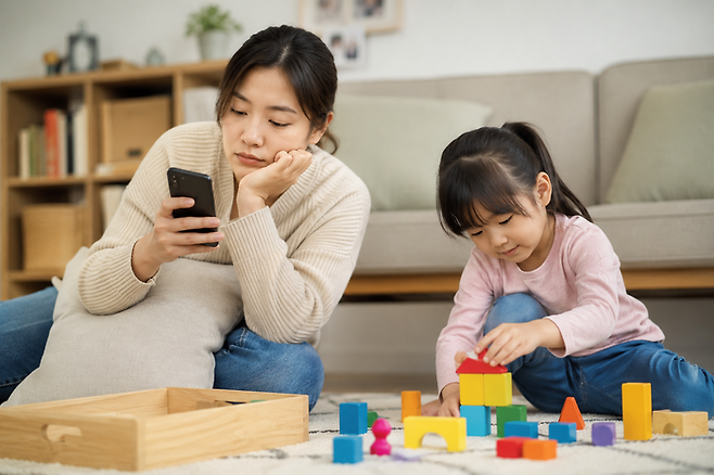 아이와 놀면서 스마트폰으로 메시지를 확인하고 있는 엄마의 모습을 AI로 생성한 이미지. [챗GPT]