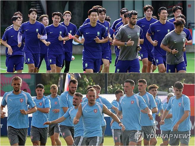 2026 북중미 월드컵, 조별리그 1차전 앞둔 한국-체코 (사포판[멕시코 할리스코주]=연합뉴스) 신준희 류영석 기자 = 2026 북중미 월드컵 한국과 체코의 조별리그 1차전을 하루 앞둔 10일(현지시간) 멕시코 과달라하라 인근 사포판의 각 팀 훈련장에서 선수들이 몸을 풀고 있다. 2026.6.11 hama@yna.co.kr ondol@yna.co.kr