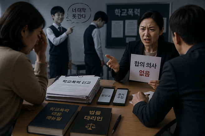 학교폭력 사안을 두고 변호사와 논의하고 있는 학부모의 모습. [챗GPT로 제작]