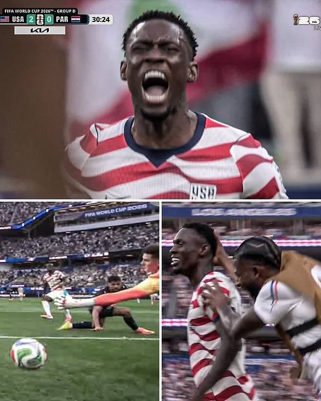 13일, 미국 vs 파라콰이의 2026 북중미 월드컵 D조 1차전 경기에서 폴라린 발로건의 득점으로 미국이 2-0으로 앞서가는 장면. ESPN FC