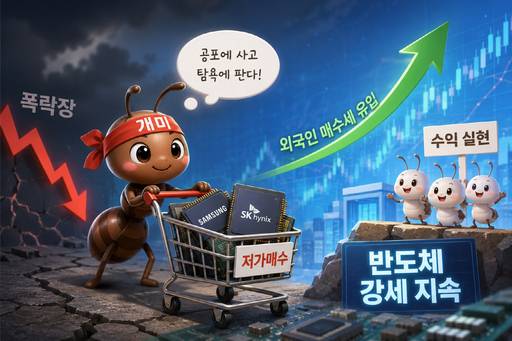 ChatGPT로 생성한 '증시 급락장에서 반도체 투톱인 삼성전자와 SK하이닉스를 순매수하는 개인 투자자' 관련 이미지.