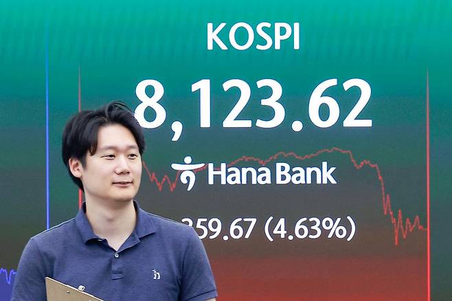 12일 오후 서울 중구 하나은행 본점 딜링룸에 종가가 나오고 있다. 이날 코스피는 전일 종가와 비교해 359.67포인트(4.63%) 상승한 8123.62, 코스닥은 32.12p(3.22%) 오른 1029.05로 마감했다. 뉴스1