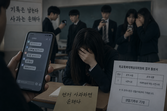 한 학생이 단체카톡방으로 따돌림을 당하고 있는 모습. [챗GPT를 통해 제작]
