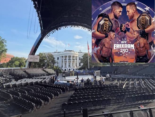 백악관 특설 옥타곤. 사진 오른쪽 상단은 'UFC 프리덤 250' 홍보 포스터. UFC 제공