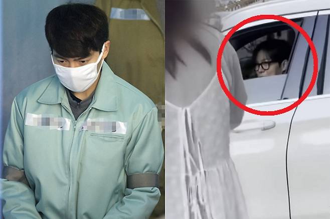 배우 손승원씨가 2019년 4월11일 서울 서초구 서울중앙지법에서 열린 1심 선고공판에 출석하기 위해 호송차에 내려 법정으로 향하고 있다. 오른쪽은 지난달 8일 서울 강남구의 한 미용실에 들른 손씨가 운전대를 잡은 상태에서 인사하는 모습. 연합뉴스·JTBC 보도화면 캡처