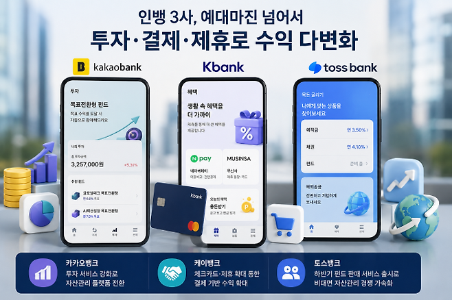 인터넷전문은행들은 은행의 역할을 넘어 투자와 결제, 제휴 서비스를 아우르는 플랫폼으로 진화를 모색하고 있다. 해당 이미지는 AI로 제작됨.