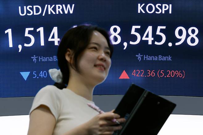 미국과 이란의 중동 전쟁 종전 양해각서(MOU) 합의 소식이 전해진 15일 서울시 중구 하나은행 딜링룸 전광판에 코스피 등 종가가 표시되고 있다. 이날 코스피는 전 거래일 대비 422.36p(5.20%) 오른 8545.98, 코스닥은 4.98포인트(p)(0.48%) 오른 1034.03, 서울외환시장에서 달러·원 환율은 전일 오후 3시 30분 주간종가 보다 8.7원 내린 1511.1원을 기록했다. /뉴스1