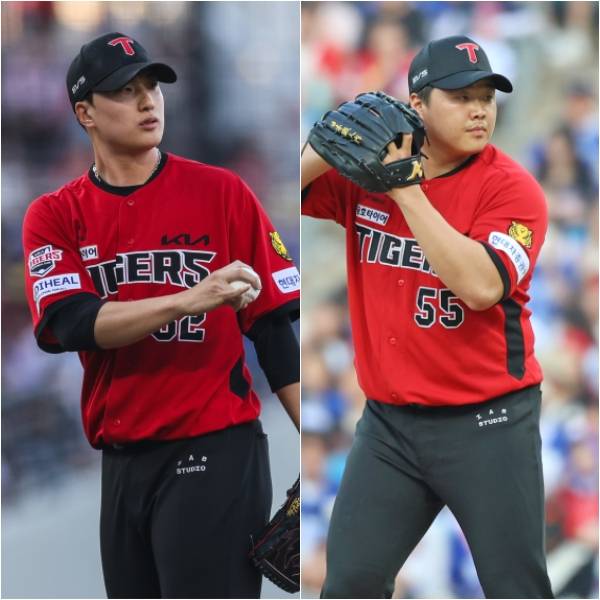 16일 경북 문경에서 상무 2차 테스트에 응한 정해영(왼쪽)과 한재승. KIA 제공