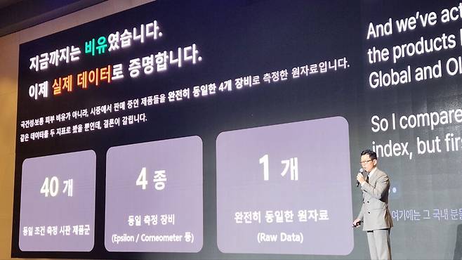 소성현 한국피부과학연구원 부사장이 ‘숫자가 거짓말을 한다 : 개선율 뒤에 숨겨진 진짜 효능의 기준’를 주제로 발표에 나섰다. (사진=테크42)