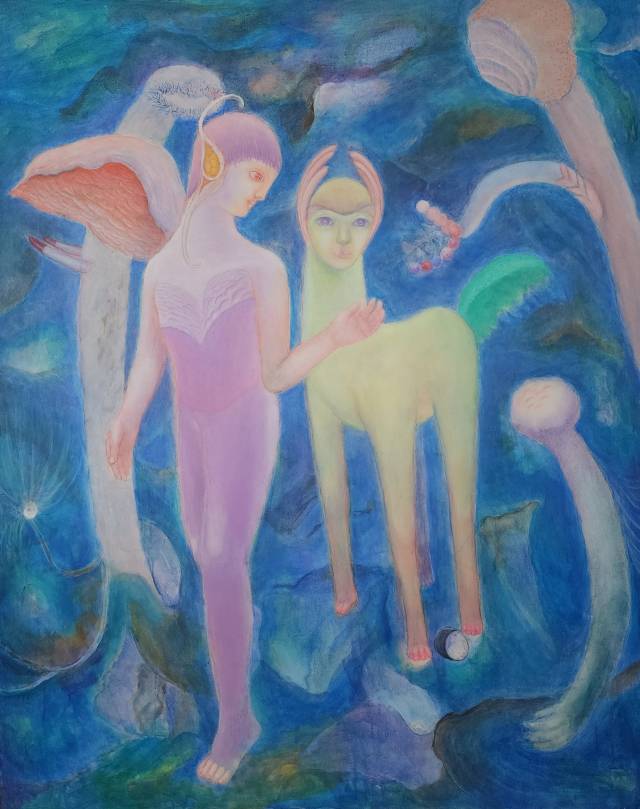 �������� 'Journey to the Blueacrylic on canvas'(2025). Ǫ������ �ҷ����� �� ������ ����. ������ ¡���� ������ ������ �Բ� �ɾ�� ������ ���� ������ �׸���. space bv ����