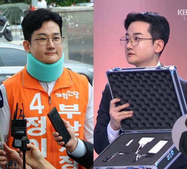 4월 29일 부산 북구 구포시장을 찾은 당시 정이한 개혁신당 부산시장 후보(왼쪽) 모습과 5월 26일 부산시장 TV 토론에서 거짓말 탐지기를 들어보이는 정 후보(오른쪽) 모습. 연합뉴스 및 KBS부산 방송 화면 갈무리