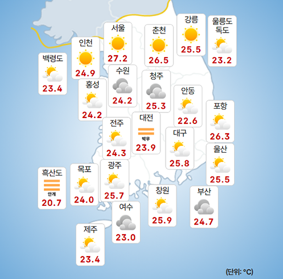 18일 오전 9시 현재 전국 날씨. [사진=기상청 날씨누리]
