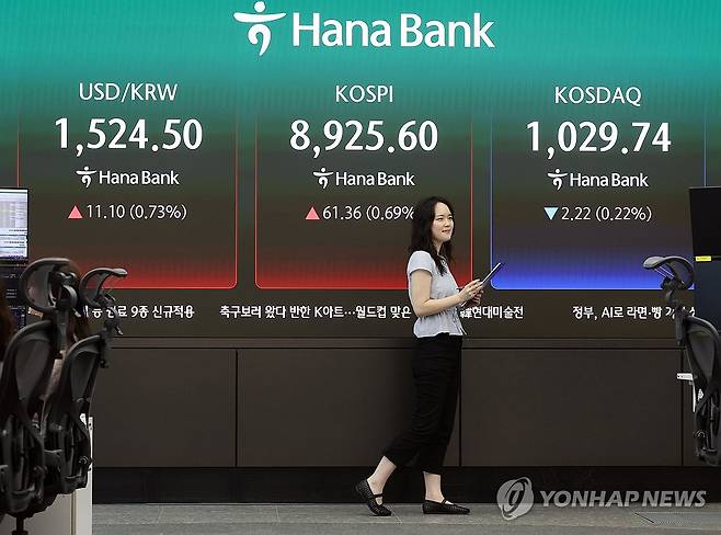 코스피 상승-코스닥 하락 출발 (서울=연합뉴스) 이지은 기자 = 18일 서울 중구 하나은행 딜링룸 현황판에 코스피, 코스닥지수가 표시되고 있다. 이날 코스피는 전날보다 20.68포인트(0.23%) 오른 8,884.92에, 코스닥지수는 2.15포인트(0.21%) 내린 1,029.81에 개장했다. 2026.6.18 jieunlee@yna.co.kr