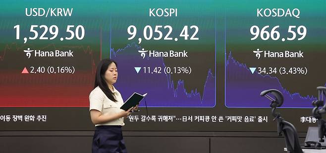 19일 서울 중구 하나은행 딜링룸 전경. 이날 코스피는 전 거래일보다 11.42포인트 내린 9052.42로, 원·달러 환율은 0.1원 내린 1527.0원에 주간 거래를 마쳤다. [뉴시스]