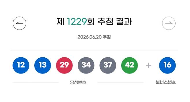 1229회 로또 당첨번호 '12, 13, 29, 34, 37, 42' 보너스 번호 '16'