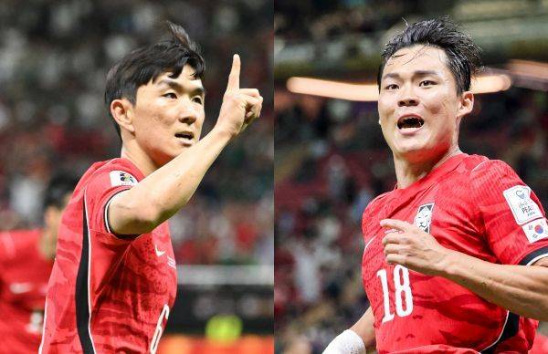 한국 축구대표팀의 미드필더 황인범이 12일(한국시간) 멕시코 과달라하라 스타디움에서 열린 체코와의 2026 국제축구연맹(FIFA) 북중미월드컵 조별리그 A조 1차전에서 후반 동점골을 넣은 뒤 세리머니를 하고 있다. 오른쪽 사진은 역전 결승골을 넣고 환호하는 공격수 오현규. 과달라하라=이한형 기자