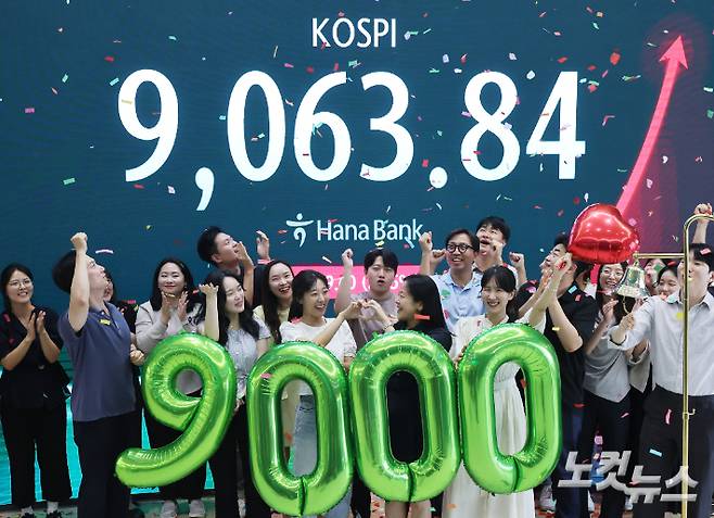 코스피 지수가 사상 첫 9000선을 넘어선 18일 서울 중구 하나은행 딜링룸에 코스피 지수가 표시돼 있다. 지난 8000돌파 이후 22거래일 만에 9000을 돌파한 코스피는 전 거래일(17일)보다 2.25% 오른 9,063.84에 장을 마쳤다. 황진환 기자