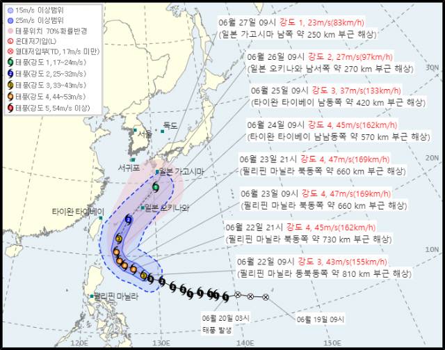 22일 오전 10시 기준 제7호 태풍 메칼라 예상 경로./기상청 제공.