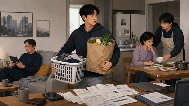 부모와 함께 살며 청소와 장보기, 식사 준비 등 가사와 돌봄을 맡는 ‘전업자녀’의 모습을 표현한 이미지. 인공지능(AI) 챗GPT 생성 이미지