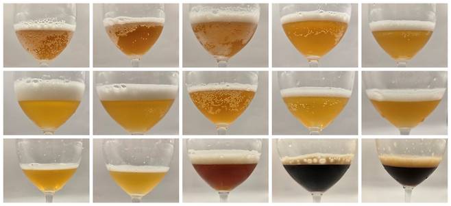 ▲기자가 시음한 비알콜·무알콜 맥주 15종. 윗 줄 왼쪽부터 카스 올 제로, 하이트 제로 0.00, 테라 리얼 제로 0.00, 클라우드 논알콜릭, 버드와이저 제로. 가운데 줄 왼쪽부터 칭따오 논알콜릭, 하이네켄 제로, 칼스버그 0.0, 클라우스탈러 오리지널, 산미구엘 NAB. 마지막 줄 왼쪽부터 크롬바커 0.0, 제주누보, 코젤 넌 알콜릭, 기네스 논 알콜릭, 펑키몽크 다크. 사진=송민규 기자