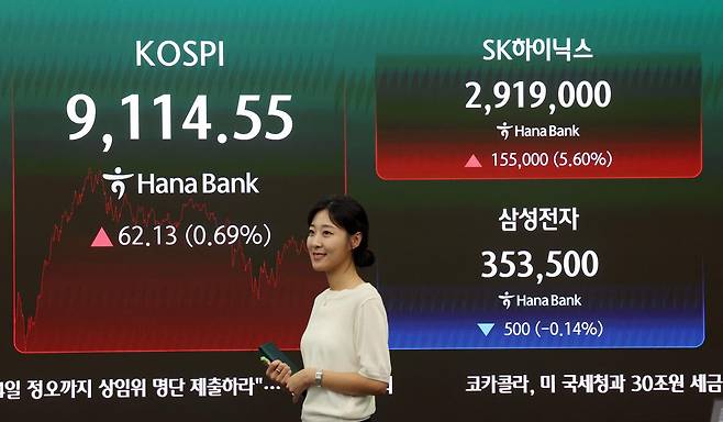 SK하이닉스가 코스피 시가총액 1위 기업으로 올라선 22일 서울 중구 하나은행 딜링룸 전광판에 하이닉스 주가가 표시되고 있다.   코스피는 전 거래일(9052.42)보다 62.13포인트(0.69%) 오른 9114.55에, 코스닥 지수는 전 거래일(966.59)보다 1.81포인트(0.19%) 상승한 968.40에 거래를 마쳤다. 2026.06.22 뉴시스