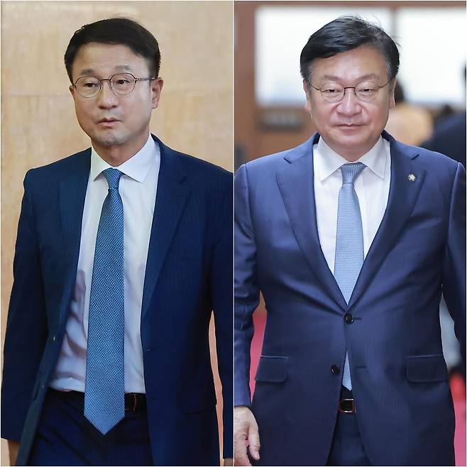 한병도(왼쪽 사진) 더불어민주당 원내대표와 정점식 국민의힘 원내대표가 24일 국회의장실에서 조정식 국회의장 주재 원 구성 관련 원내대표 회동을 마친 뒤 이동하고 있다. 연합뉴스