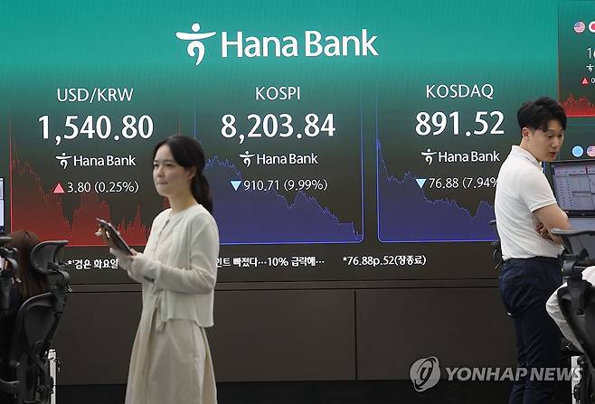 코스피, '역대급' 급락한 8,203…코스닥 7.9%↓ (서울=연합뉴스) 박동주 기자 = 코스피가 10% 가까이 급락해 8,200선을 간신히 지키며 마감한 23일 서울 중구 하나은행 딜링룸에서 직원이 업무를 보고 있다. 이날 코스피는 전 거래일 대비 910.71포인트(9.99%) 내린 8,203.84로 거래를 마쳤다. 2026.6.23 pdj6635@yna.co.kr