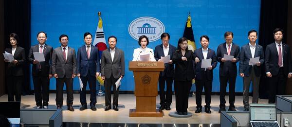 국민의힘 대구·경북 지역 의원들이 25일 서울 여의도 국회 소통관에서 광주·전남권 제2국가 반도체 클러스터 조성 추진 관련 기자회견을 하고 있다. 뉴스1