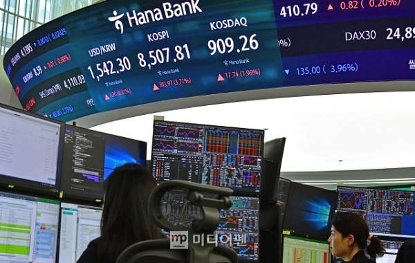 국내 증시 코스피 지수 폭등의 한가운데 있는 삼성전자와 SK하이닉스가 코스피 시가총액 1위 자리를 두고 경쟁을 벌이고 있다./사진=김상문 기자