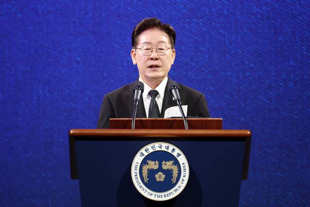 이재명 대통령이 25일 수원컨벤션센터에서 열린 6·25전쟁 제76주년 기념식에서 기념사를 하고 있다. [연합뉴스]