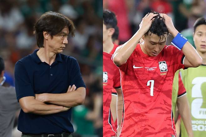 홍명보호가 남아프리카공화국(남아공)에 충격패를 당한 가운데 수문장 김승규가 '캡틴' 손흥민의 선발 제외를 경기 당일 미팅에서야 알게 됐다고 밝혔다. 사진은 왼쪽부터 홍명보 대한민국 축구 대표팀 감독, 대표팀 주장 손흥민. /사진=뉴스1