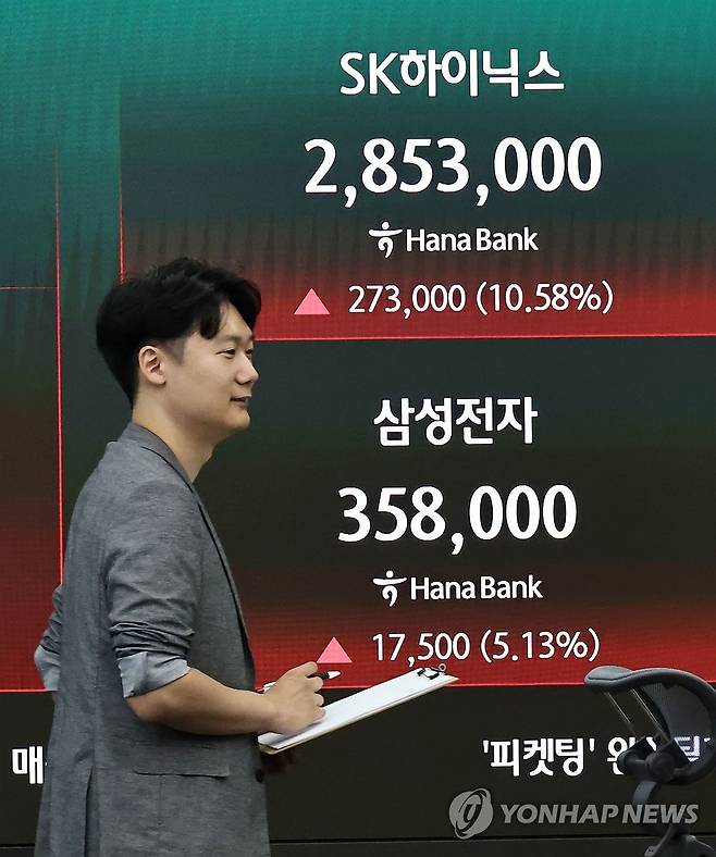 삼성전자-SK하이닉스 다시 상승 (서울=연합뉴스) 김인철 기자 = 25일 서울 중구 하나은행 딜링룸 현황판에 삼성전자와 SK하이닉스 등 주가가 표시되고 있다.
    이날 코스피는 전 거래일 대비 232.40포인트(2.74%) 오른 8,703.42에, 코스닥은 14.35포인트(1.58%) 오른 923.66에 개장했다. 2026.6.25 yatoya@yna.co.kr