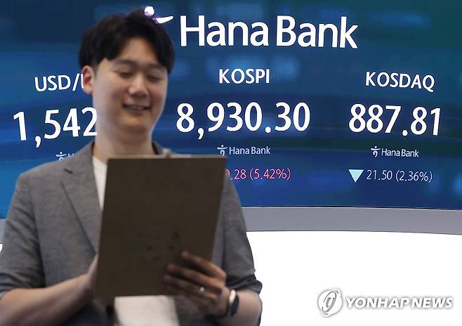 코스피 상승 마감-코스닥 하락 마감 (서울=연합뉴스) 이지은 기자 = 25일 서울 중구 하나은행 딜링룸 현황판에 코스피와 코스닥지수가 표시되고 있다. 이날 코스피는 전날보다 459.28포인트(5.42%) 오른 8,930.30, 코스닥지수는 21.50포인트(2.36%) 내린 887.81에 마감했다. 2026.6.25 jieunlee@yna.co.kr