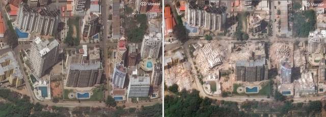 미국 상업 위성업체 밴터가 25일 제공한 사진에 베네수엘라 바르가스주 라과이라의 지진 발생 전(22일, 왼쪽)과 지진 발생 다음 날인 25일 아파트 건물들의 모습이 보이고 있다. 뉴시스