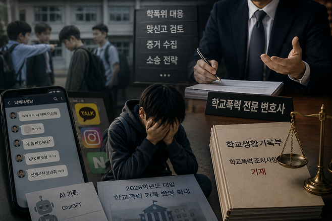 학교폭력 분쟁은 교육적 해결의 영역을 벗어나 거대한 법률 시장이 됐다. 학교폭력 전문 변호사 관련 이미지.  [챗GPT를 통해 제작]