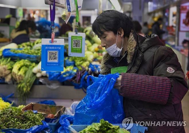 중국 상하이의 한 재래시장에 걸려 있는 위챗페이·알리페이의 결제용 QR코드  [EPA=연합뉴스 자료사진. 재판매 및 DB금지]