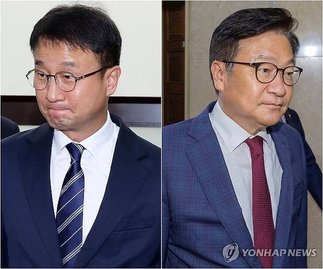 국회 원구성 협상 여야 평행선 (서울=연합뉴스) 황광모 이동해 기자 = 22대 하반기 국회 원 구성 협상이 여야의 법제사법위원회 위원장 배정을 놓고 난항에 빠진 가운데, 26일 여야 원내대표단이 협상에 나섰지만 의견 차이만 다시 확인했다. 
    사진은 이날 오후 조정식 국회의장에게 원 구성 신속 요청을 마친 더불어민주당 한병도 원내대표(왼쪽)와 여야 원내대표단 회담을 마친 뒤 결론을 내지 못하고 이동하는 국민의힘 정점식 원내대표. 2026.6.26 hkmpooh@yna.co.kr