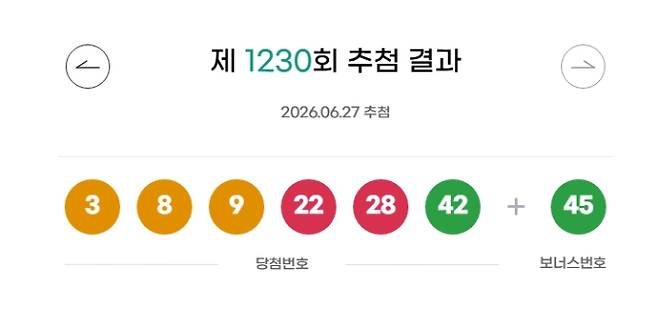 1230회 로또 당첨번호 '3, 8, 9, 22, 28, 42' 보너스 번호 '45'