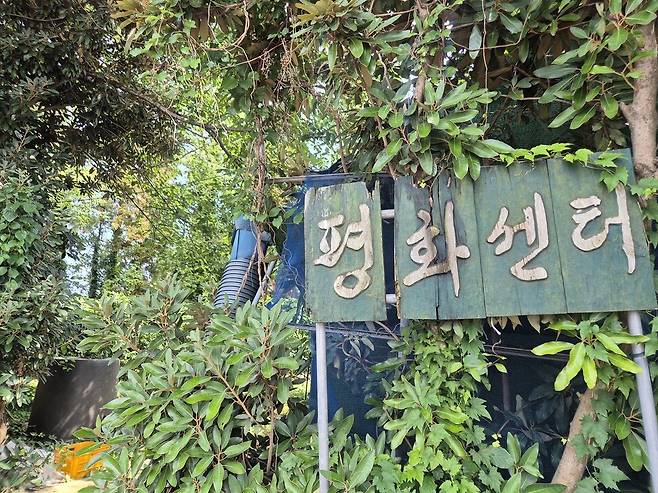 지난 26일 제주 서귀포시 강정동 해군기지로 들어가는 진입로 근처 감귤밭에 ‘평화센터’라고 쓰인 낡은 간판이 걸려 있다. 평화센터는 지난달 말 문을 닫았다. 서보미 기자