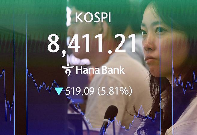 26일 서울 중구 하나은행 본점 하나인피니티서울에서 관계자들이 코스피와 주요종목 주가 지수를 확인하고 있다. 코스피는 이날 장중 8% 넘게 급락하며 서킷브레이커가 발동됐다. 오승현 기자