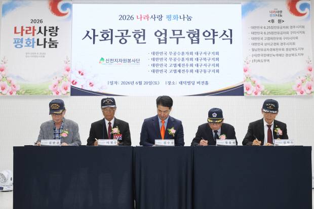 최근 대구 대덕빌딩 비전홀에서 열린 대한민국무공수훈자회 등 4개 보훈단체와 신천지 자원봉사단 대구경북연합회간 업무협약식에서 김수진 신천지 자원봉사단 대경연합회장 및 보훈단체 대표들이 업무협약서에 서명을 하고 있다. 신천지 자원봉사단 대경연합회 제공