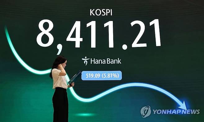 서울 중구 하나은행 딜링룸 현황판의 코스피. 연합뉴스