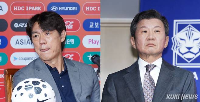 홍명보 한국 축구대표팀 감독과 정몽규 축구협회장. 쿠키뉴스 자료사진