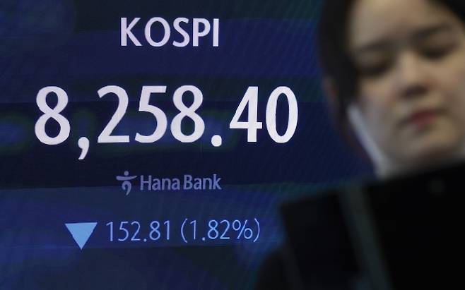 하락 출발한 코스피 - 코스피가 전 거래일(8411.21)보다 117.12포인트(0.91%) 내린 8334.28에 개장한 29일 오전 서울 중구 하나은행 딜링룸 전광판에 지수가 표시되고 있다. 2026.06.29 뉴시스