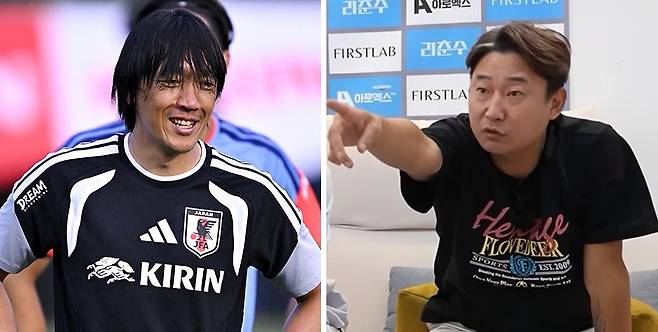 일본 축구대표팀에서 코치로 뛰고 있는 나카무라 슌스케. 일본에는 이와 같이 레전드 출신 다수가 현장 스태프로 함께하고 있다. 후배들에게 조금이라도 노하우를 전수하기 위함이다(왼쪽 사진). 전 국가대표 공격수 이천수처럼 은퇴 선수들이 방송에서 훈수만 두는 한국과는 큰 대비를 이룬다. [로이터=연합뉴스, 사진 이천수 유튜브 캡처]
