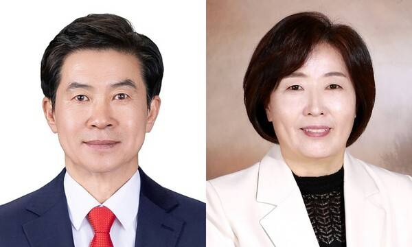 (왼쪽부터) 의장에 당선된 강승수 의원과 부의장에 당선된 김춘남 의원. 구미시의회 제공