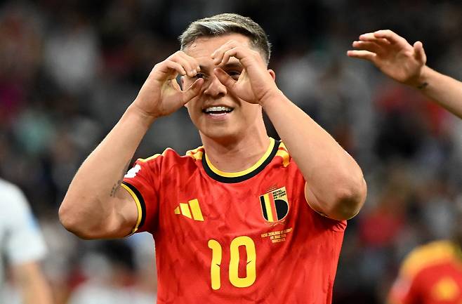 Soccer Football - FIFA World Cup 2026 - Group G - New Zealand v Belgium - BC Place, Vancouver, Canada - June 26, 2026 Belgium's Leandro Trossard celebrates scoring their second goal IMAGN IMAGES via Reuters/Anne-Marie Sorvin<저작권자(c) 연합뉴스, 무단 전재-재배포, AI 학습 및 활용 금지>