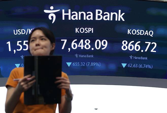 인공지능(AI) 반도체 수요 감소 우려 확산에 코스피가 8% 가까운 급락세로 마감하며 8000선이 무너진 2일 서울 서울 중구 하나은행 본점 딜링룸에 시황이 표시되고 있다. 이날 코스피는 전장 대비 7.89% 폭락한 7648.09에 마감했다. 이날 4% 급락세로 출발한 코스피는 장중 8000선을 잠시 회복했다가 이내 하락폭을 키웠다. 8000선을 하회한 것은 지난달 11일 이후 처음이다. 급락세에 장 초반 코스피 시장에 매도 사이드카가 발동하기도 했다. 반도체 대형주가 동반 급락세로 마감했다. 삼성전자는 9%대, SK하이닉스는 14%대 급락했다. 코스닥은 전일보다 6.74% 내린 866.72에 마감했다. 장중 급락세에 매도 사이드카가 발동하기도 했다. 원·달러 환율은 전거래일 대비 0.9원 오른 1555.8원에 장을 마쳤다. 신태현 기자 holjjak@