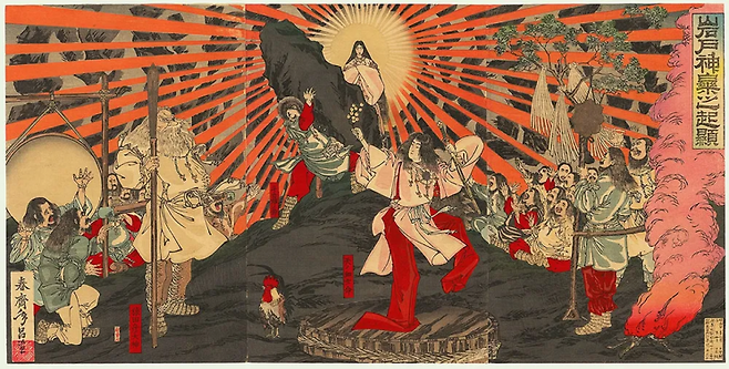 일본 태양신 아마테라스가 동굴에서 나오는 장면을 그린 메이지기 우키요에. 아마테라스 신화는 천황가의 신성성을 뒷받침하는 핵심 서사로, 호사카 유지는 일본 극우 사상의 기원을 이 신화 체계에서 추적한다.